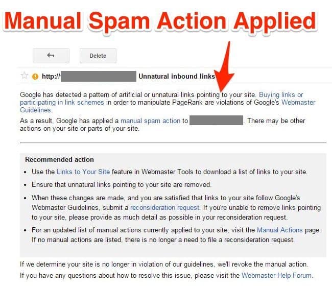 a screenshot of the google search console dashboard which says manual spam action applied where google delist spammy sites example of black hat penalty