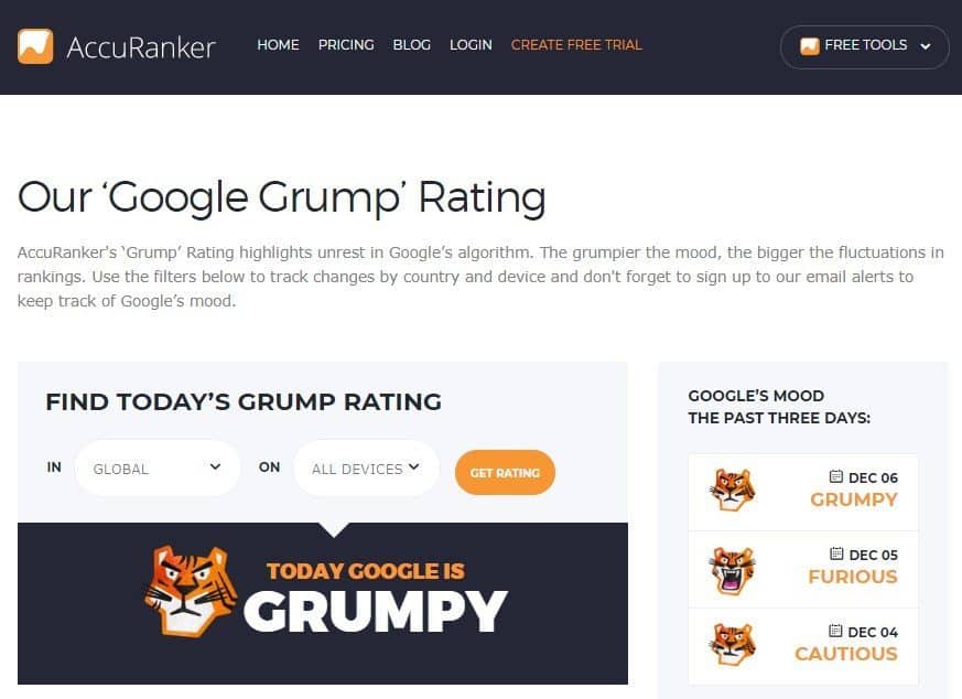 An image of the AccuRanker Google Grump Rating home page