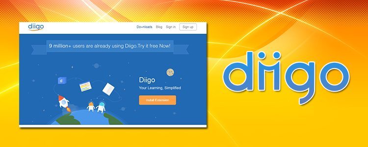 a rectangular shape with yellow background with a logo and also a screen shot of a sign up page for diigo website that's allow you to share with friends and colleagues