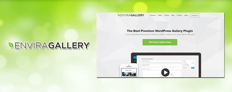 a envira gallery logo and a screenshot of a sign up page that says the best premium wordpress gallery plugin for creating a responsive image and video galleries