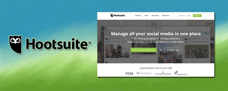 a hootsuite logo and a screenshot of a sign up page that tells manage all your social media in one place which is very ideal for social media platforms