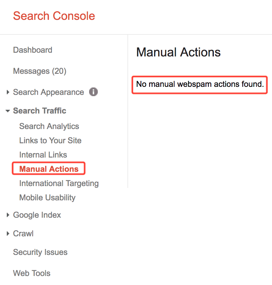 An image of Google search console dashboard with manual actions highlighted in red indicating that the option was clicked and displaying