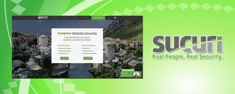 a screenshot of a signup page for complete website security tools and a sucuri logo with a light green background