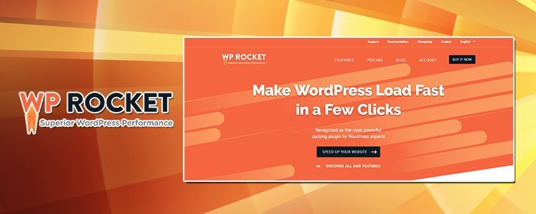 a wp rocket logo and a screenshot of homepage that says make your wordpress load fast in a few clicks that will help improving user engagement