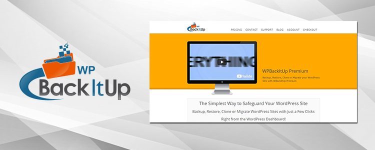 a logo of backitup and a screenshot of a backipup page that has a campaign for the simplest way to safeguard your wordpress site a good online website backup