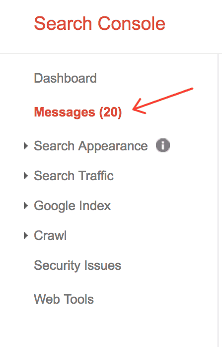 An image of Google Search Console dashboard with a red arrow pointed on Messages which is highlighted in red