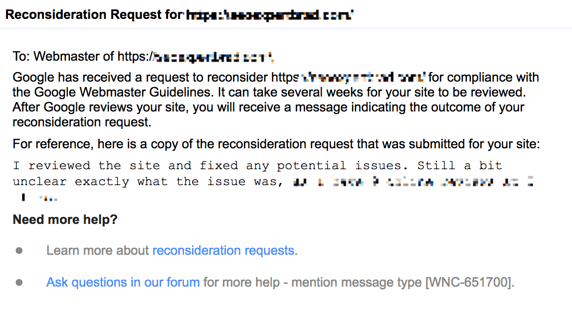 An image of a reconsideration request email