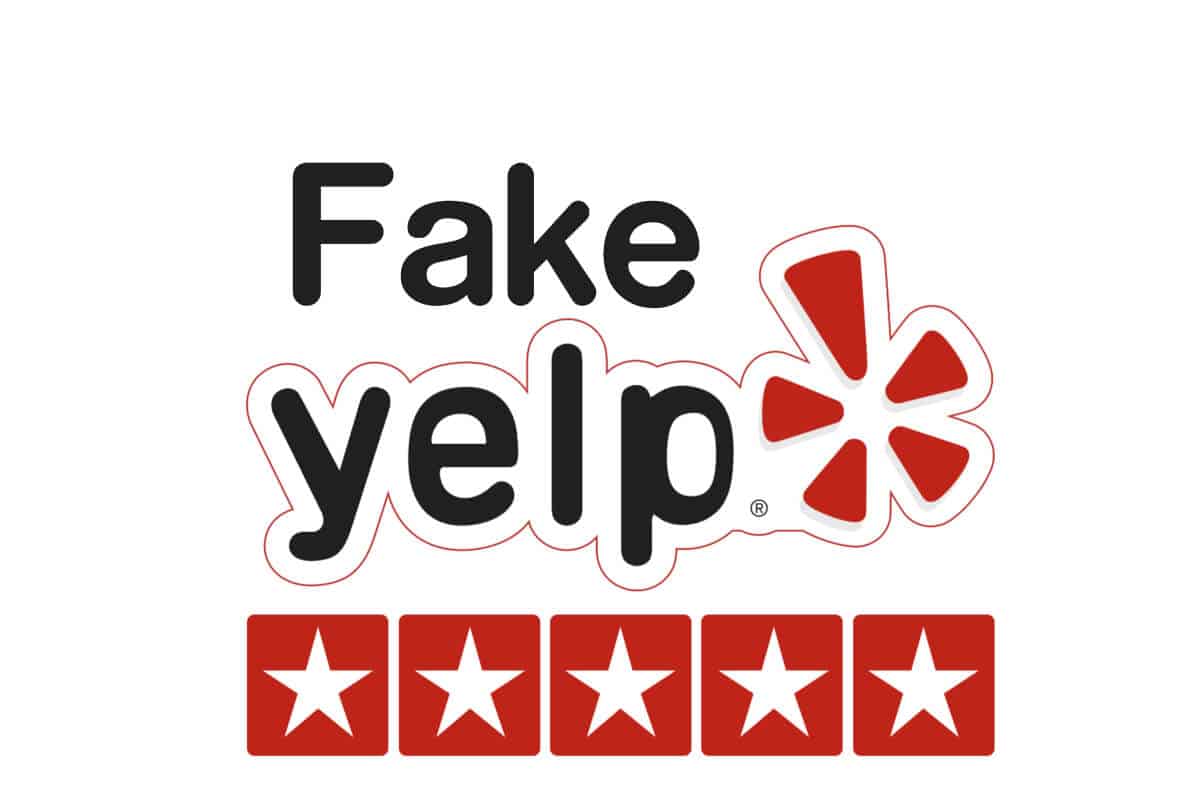 Company logo of yelp with a word fake written on top and 5 stars below