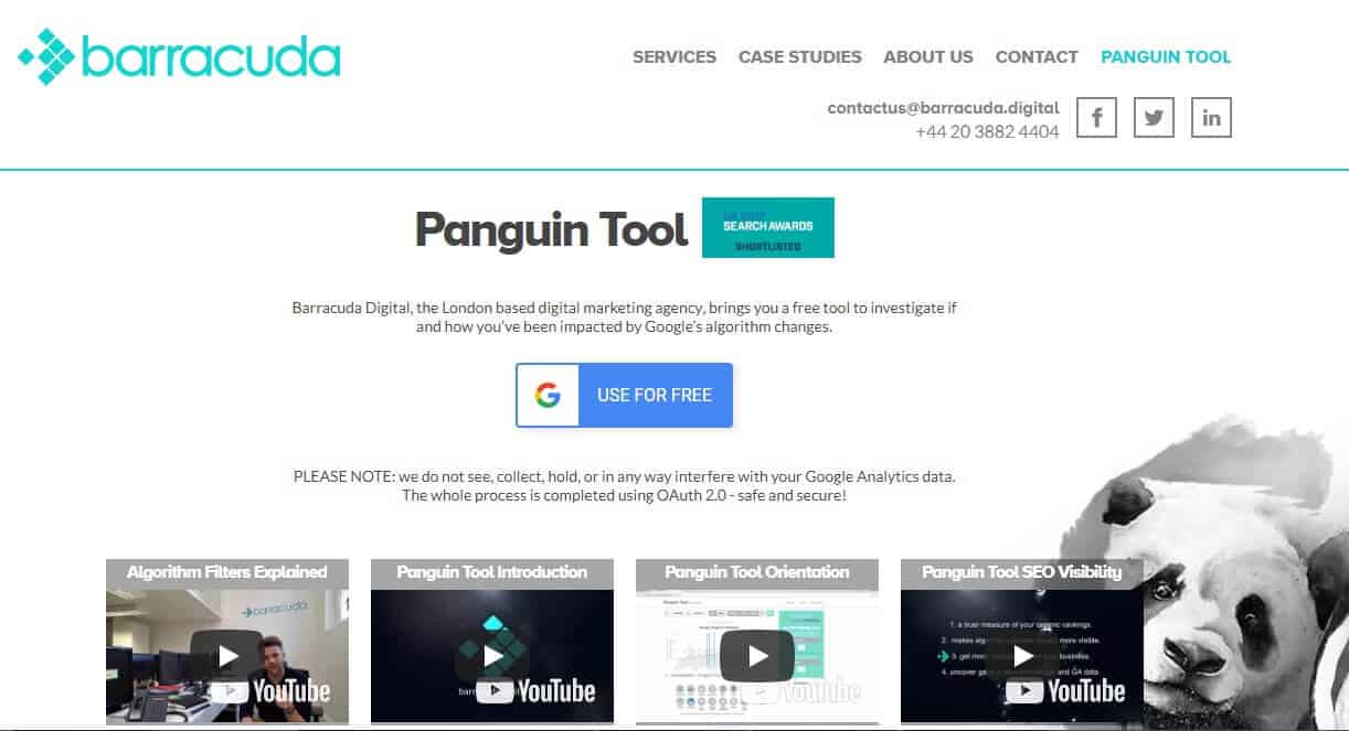 An image of a screenshot of the Panguin SEO Tool home page