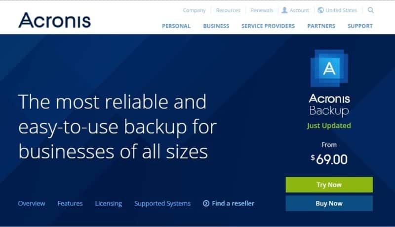 A homepage of Acronis that offers business backup cloud solution