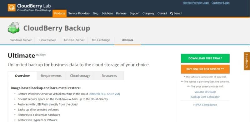 A homepage of CloudBerry Backup that offers Business Cloud Storage Solutions