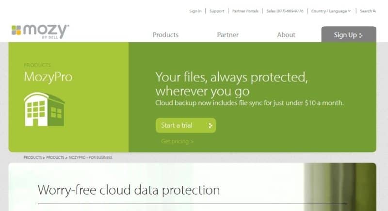 A homepage of mozy that offers cloud backup service for business