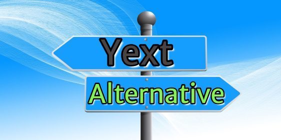 An image of the words yext alternative on two directional signs in blue with a white and blue background