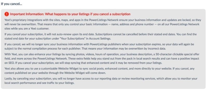 A screenshot of Yext Cancellation Policy;