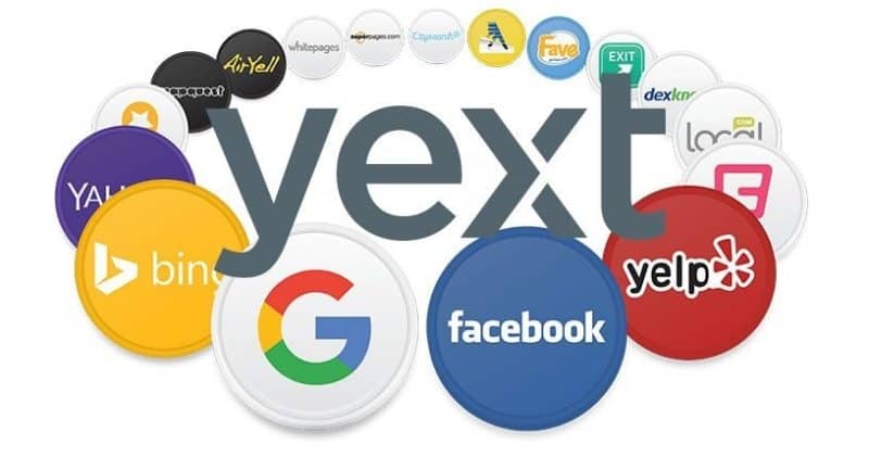 An image of the word yext in gray color with colorful circles of partners sites or local search directories below in a circular form on a white background