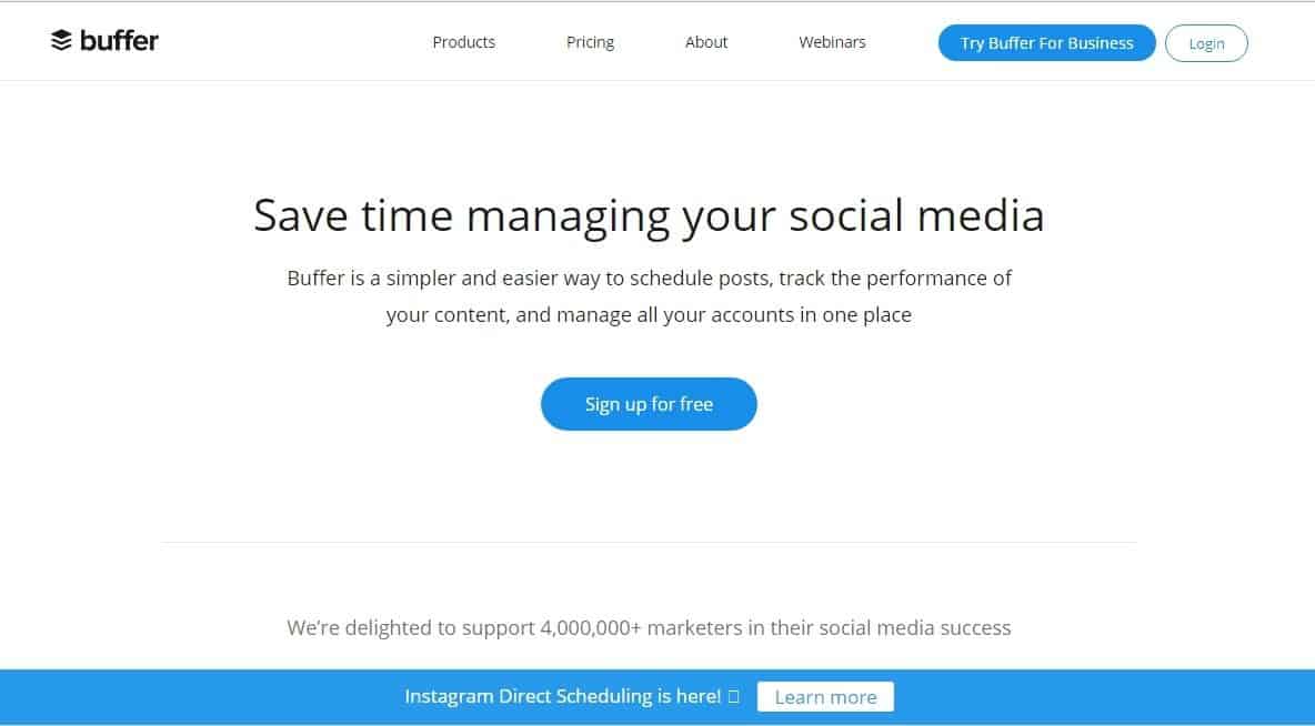 a screenshot homepage of the buffer best social management tool