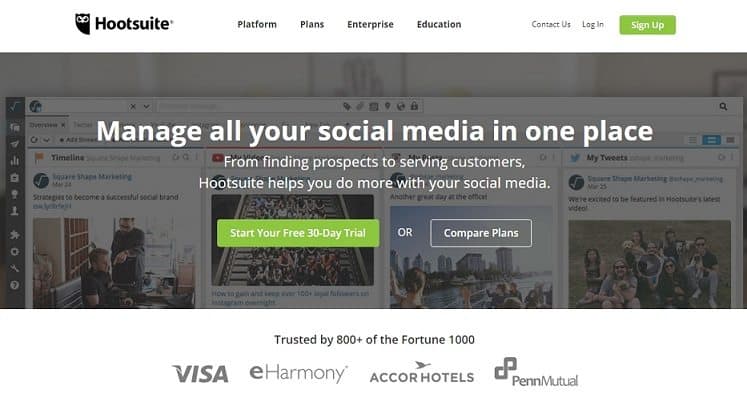 A screenshot homepage of the hootsuit social media tool with a background of social media screen