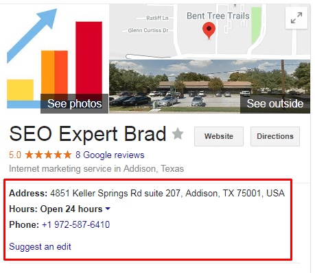 A screenshot of SEO Expert Brad that has relevant information about the business in google listing