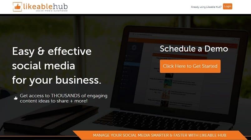 A screenshot homepage of likeablehub social media management tool with a background of laptop