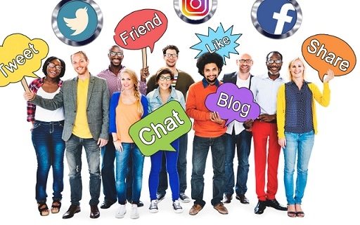 A group of people holding a colorful dialog box with different text that relates to Social Media