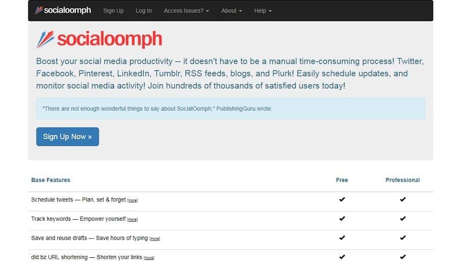 a screenshot homepage of the socialoomph tool social media
