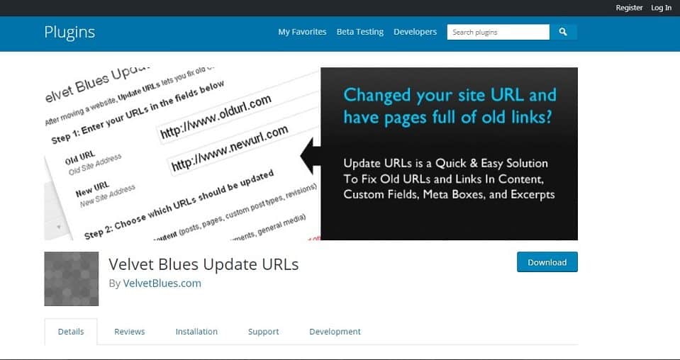A screenshot of the plugins page which is Velvet Blues Update URLs in wordpress.org