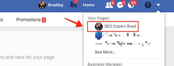 Log into your facebook business page example